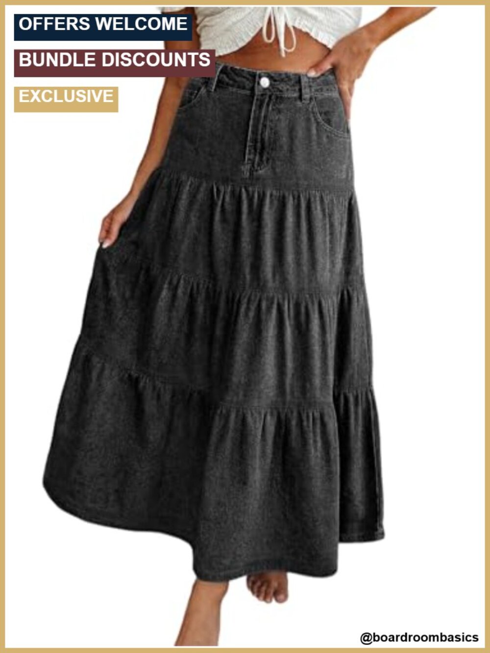 High Waisted A-Line Denim Maxi Skirt with Pockets Tiered Swing